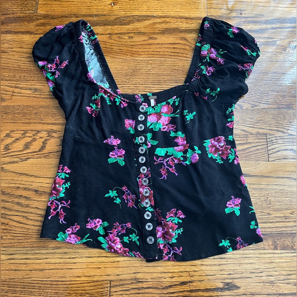 Free People Floral Puff Sleeve Button Up Top